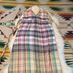 Rainbow Plaid Cotton Gauze Halter Maxi Dress